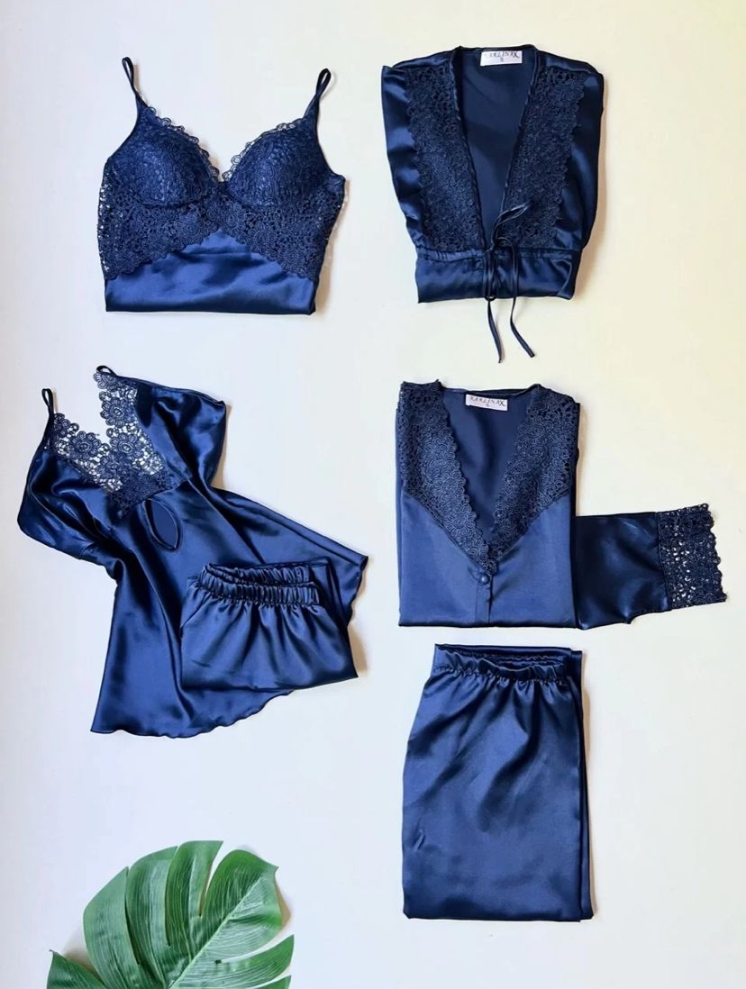 Silk Detailed 6-Piece Satin Nightgown Dressing Gown Set