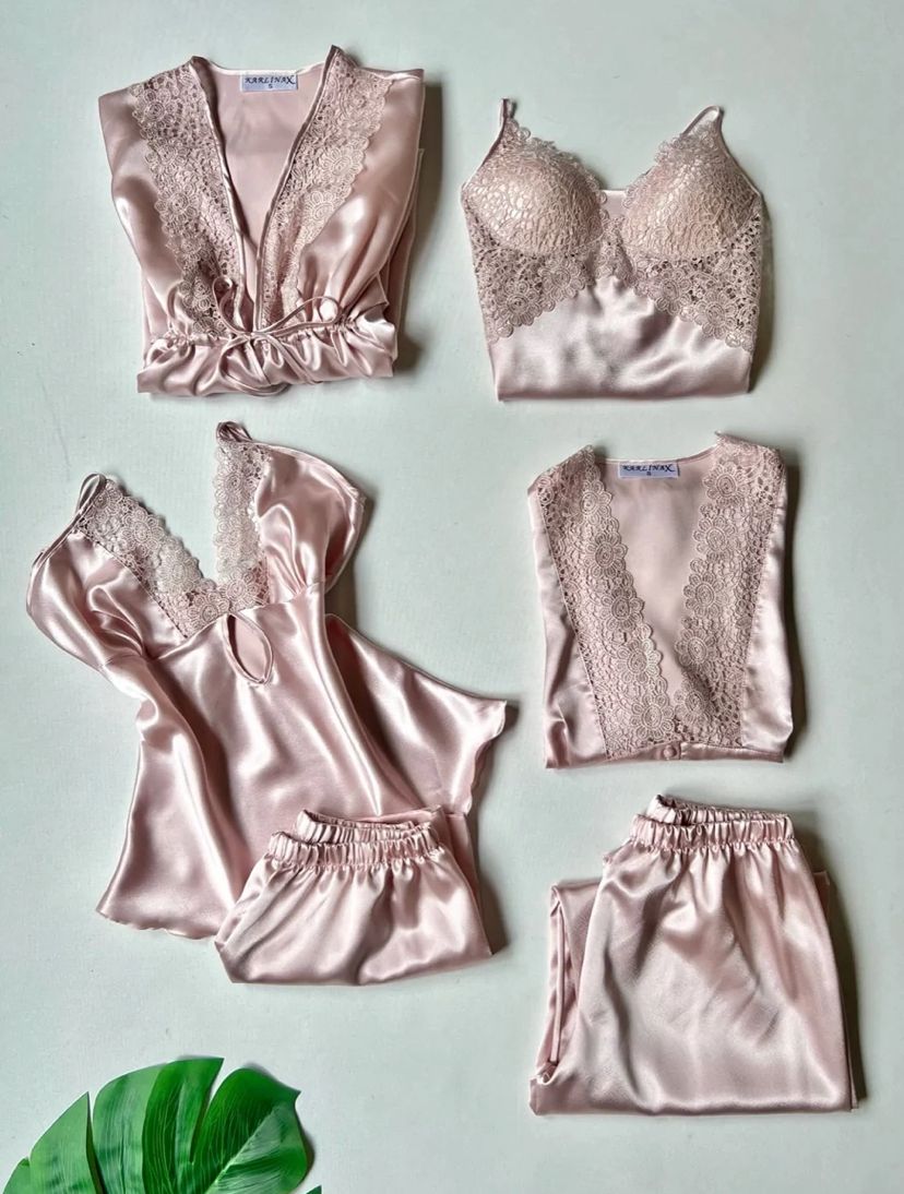 Silk Detailed 6-Piece Satin Nightgown Dressing Gown Set