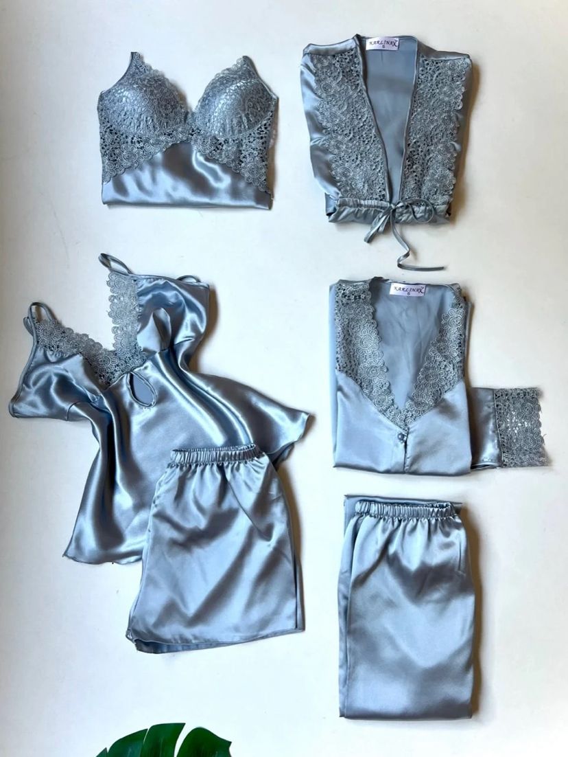 Silk Detailed 6-Piece Satin Nightgown Dressing Gown Set