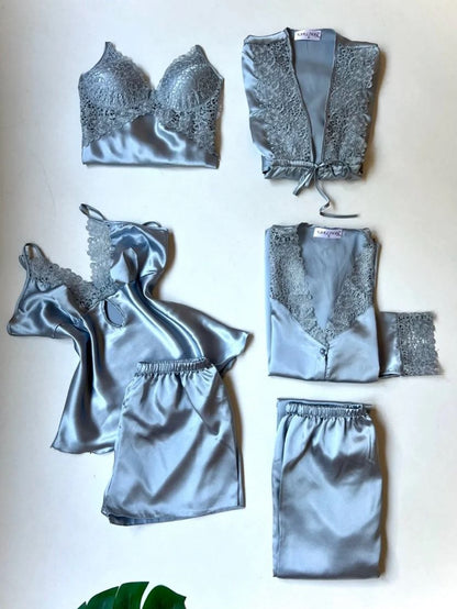 Silk Detailed 6-Piece Satin Nightgown Dressing Gown Set